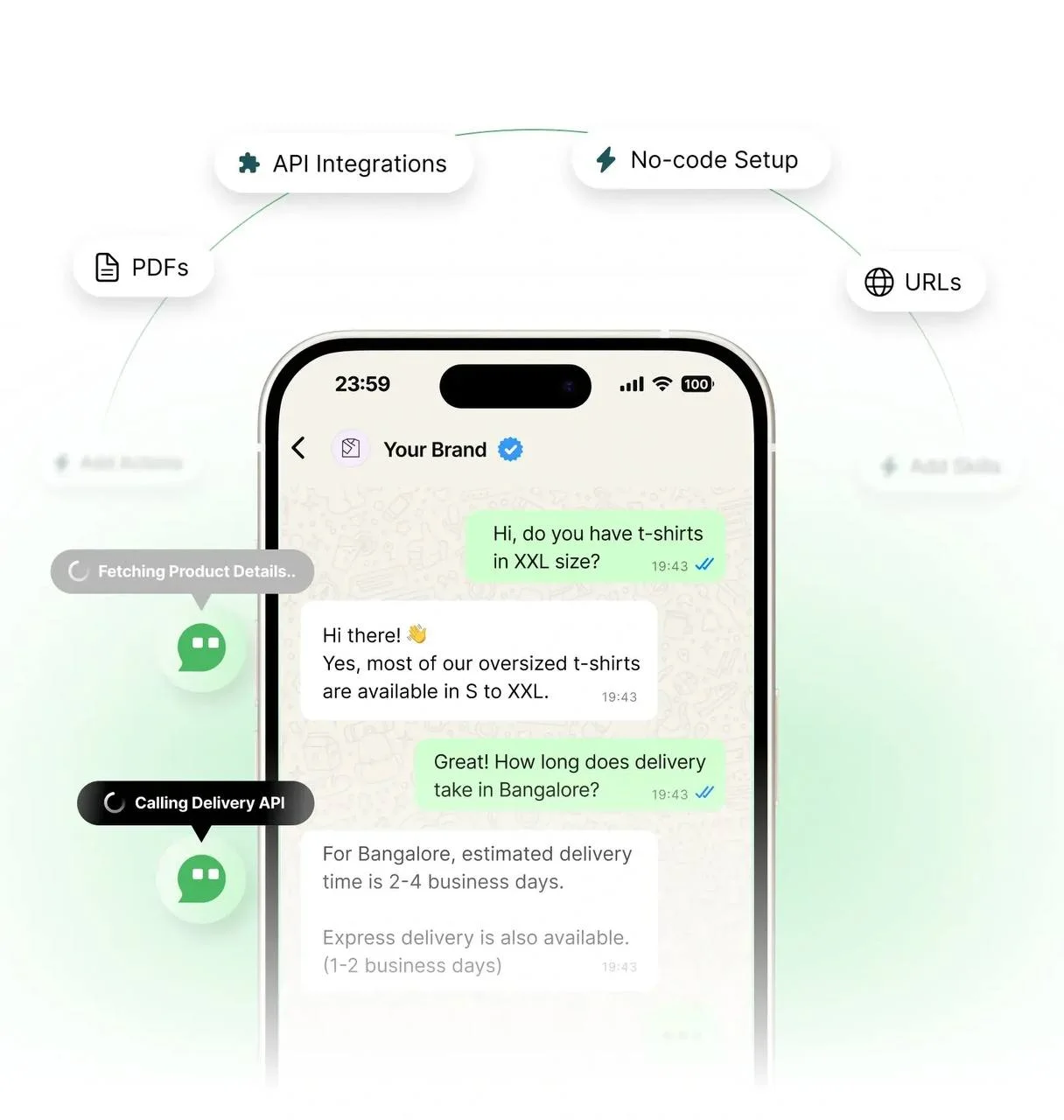 Conversation WhatsApp avec un agent qui consulte les produits et l'API de livraison